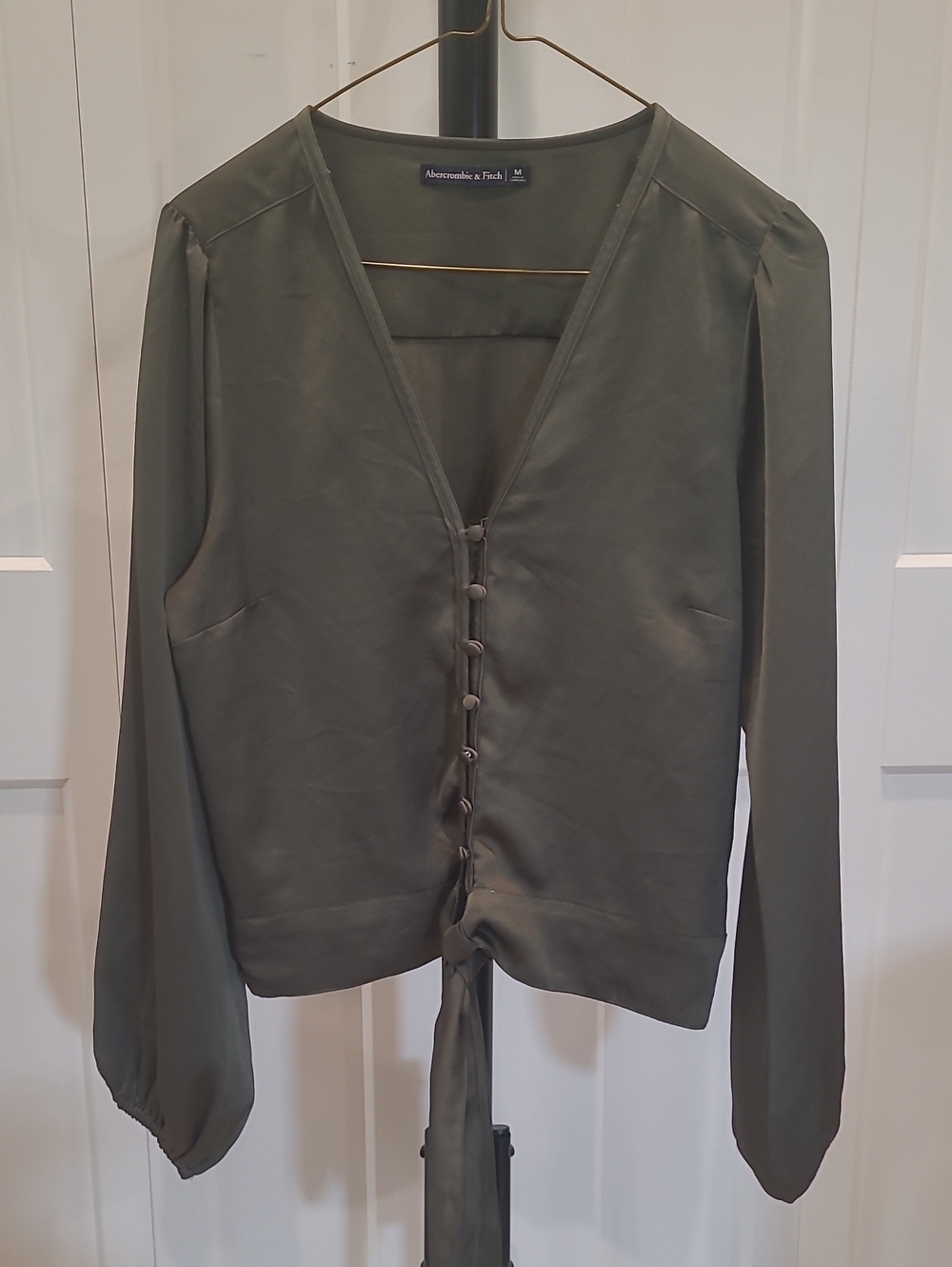 Abercrombie & Fitch Olive Green Button-Tie V-Neck Top